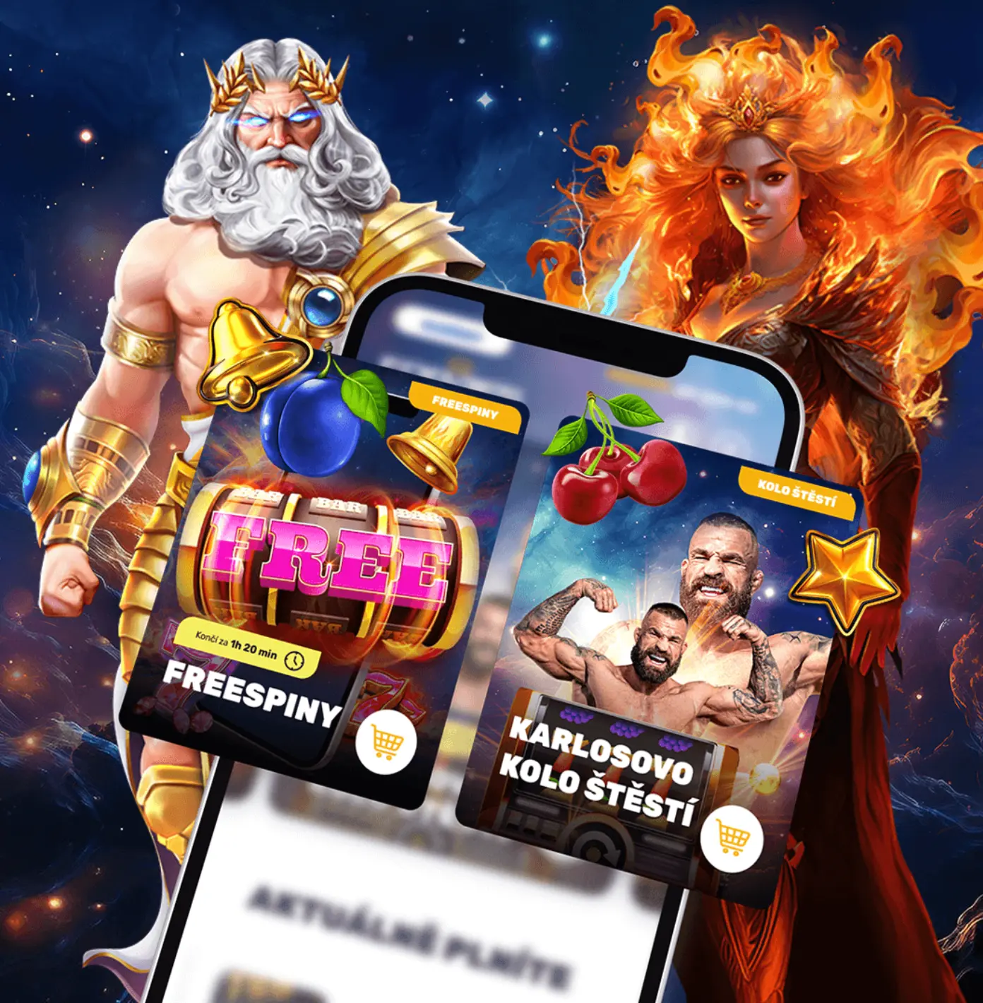 Forbes Casino — Freespiny a Karlosovo kolo štěstí v mobilní aplikaci. Promo grafika Forbes Casino s mytickými postavami (Zeus a ohnivá bohyně) a mobilem s kartami Freespiny a Karlosovo kolo štěstí, doplněná ovocnými a hvězdnými symboly.